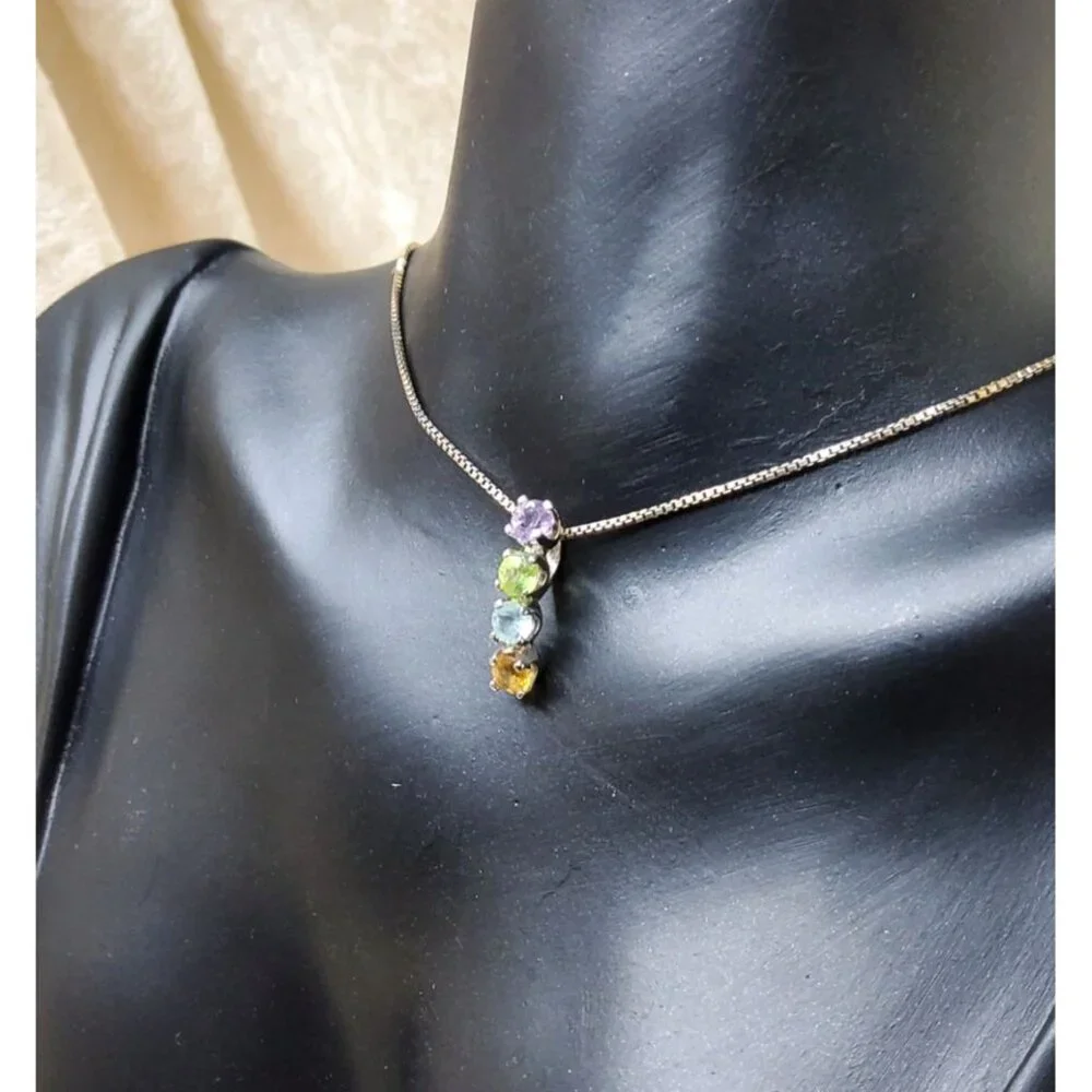vintage ati sterling silver rainbow gemstones bar pendant necklace - Picture 3 of 6